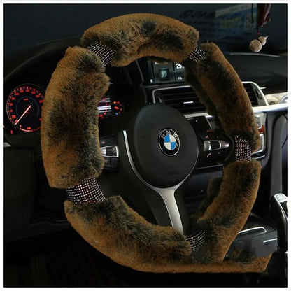 Steering wheel cover plush brown fur for BMW, diamond-studded accents