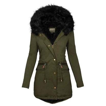 Women's plush hooded parka in olive green with black faux fur trim, mid-length, zip-front with buckle pockets
