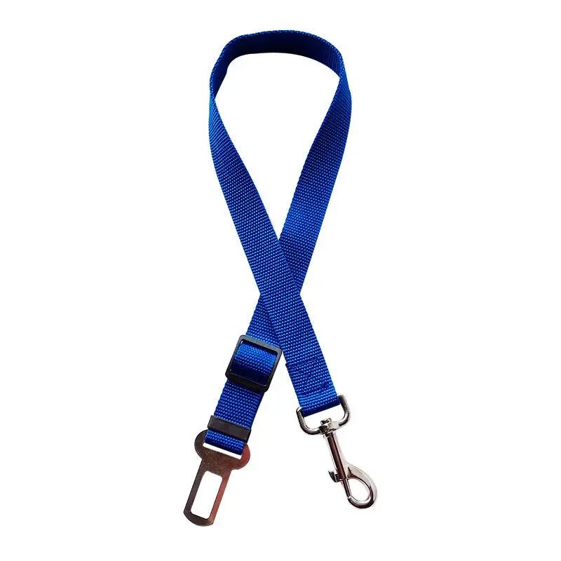 Adjustable blue nylon pet car seat belt with metal clip and snap hook.