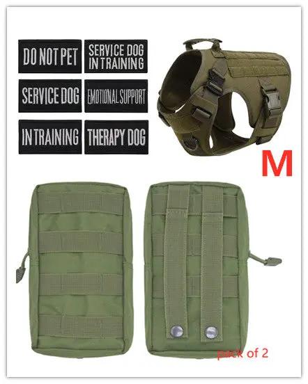 Military tactical dog harness for German Shepherd, olive green, size M, adjustable back with MOLLE, includes two pouches