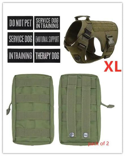 Military tactical dog harness by AdTec, adjustable olive green XL with two pouches