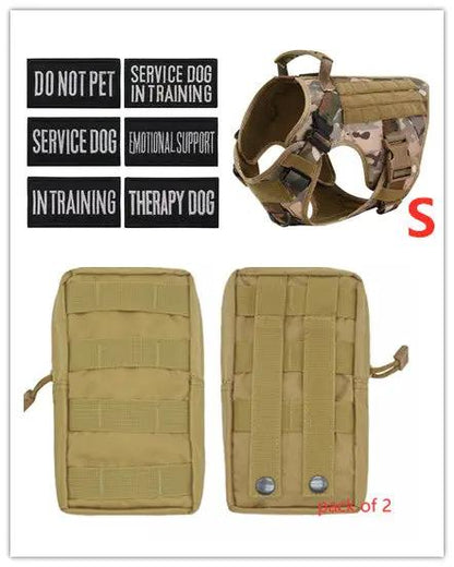 Military Tactical Dog Harness in tan camo for German Shepherds with service/training patches, 2-pack