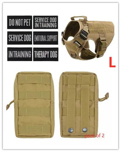 Military tactical dog harness AdTec, adjustable tan with MOLLE panels and two pouches