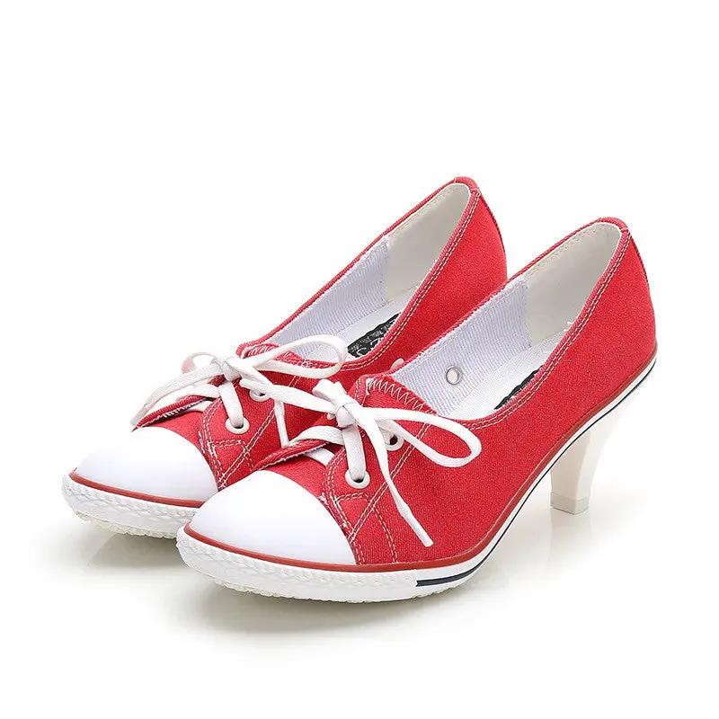 SeoulLift women's red canvas high-sole sneakers by AdTec, white toe caps and laces