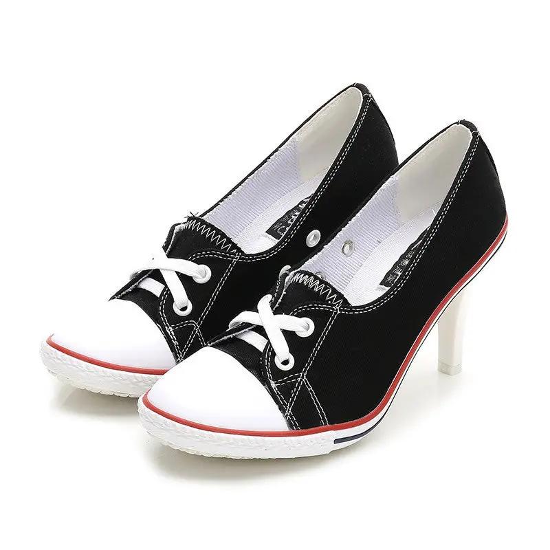 SeoulLift women's Korean canvas high-sole sneakers by AdTec, black with white toe cap and laces