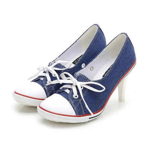 SeoulLift Women’s AdTec denim canvas high-sole sneakers, blue with white toe caps and laces, 2 shoes