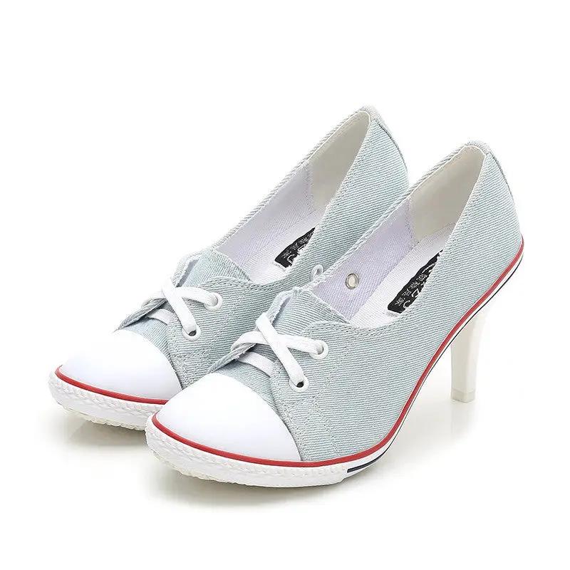 SeoulLift Women AdTec canvas high-sole sneakers, pair, light blue denim, lace-up, white toe cap, red sole trim