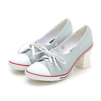 SeoulLift™ women’s Korean canvas high-sole sneakers by AdTec, light blue denim, pair, lace-up with white toe caps
