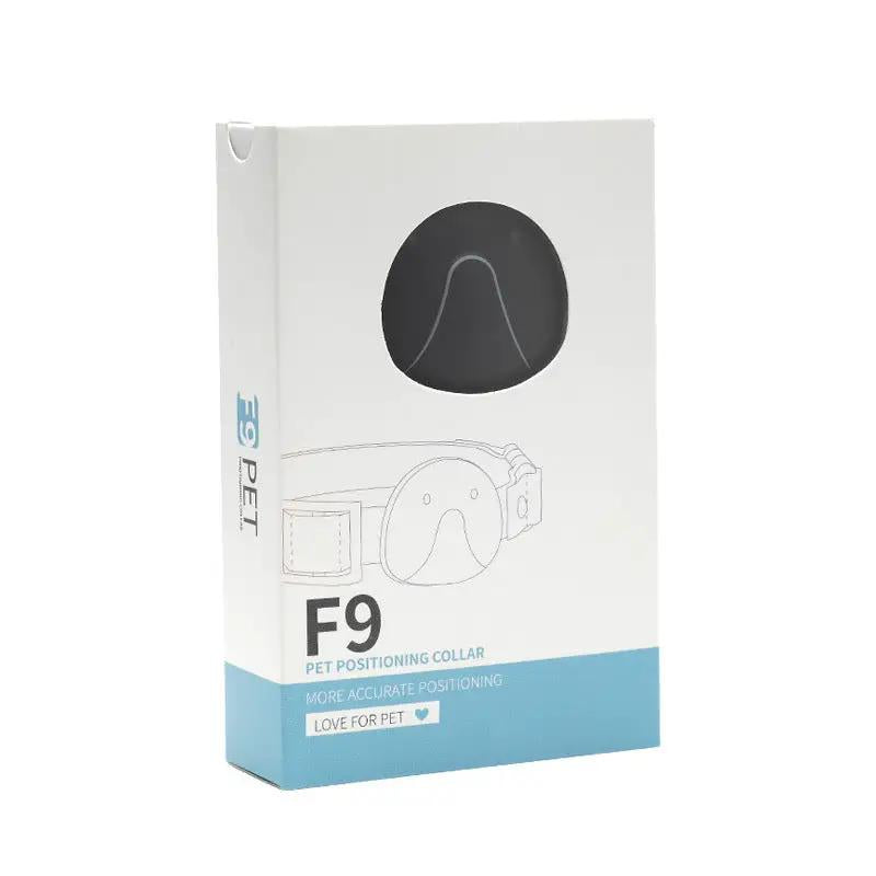 F9 Pet Positioning Collar packaging by AdTec, white box with blue base and collar illustration