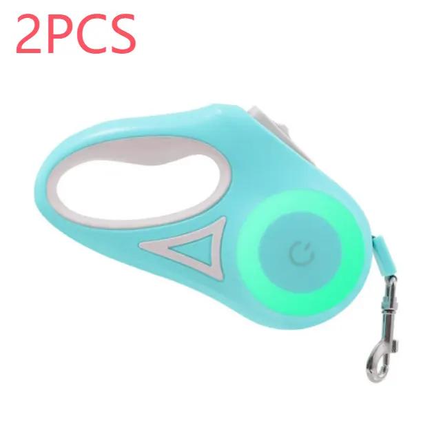 Retractable dog leash with LED spotlight by AdTec, blue handle, 2pcs set.