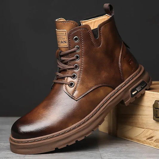 Harrington men's Martin Boots brown leather ankle boots with thick sole and quick-dry lining