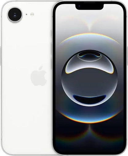 Apple iPhone 16e smartphone in white, by PrimeCanada.Store, front and back views.