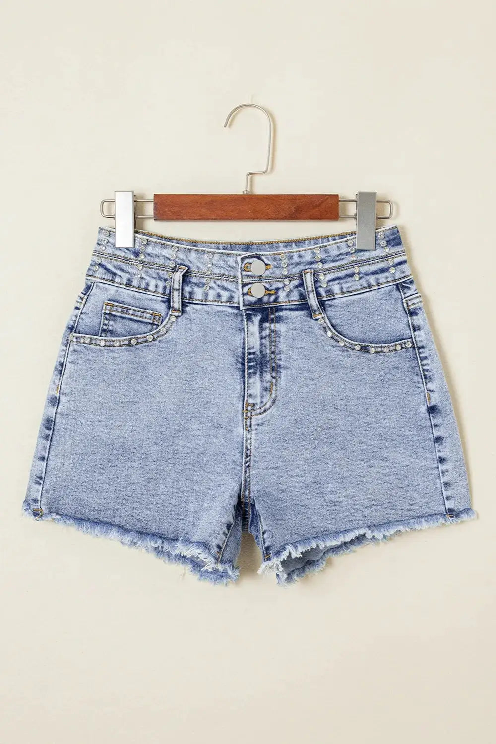 Women’s high-waist rhinestone-accented light-wash denim shorts with raw hem, Trendsi.