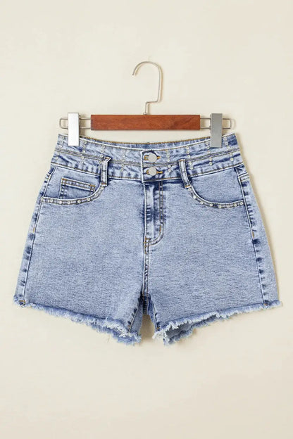Women’s high-waist rhinestone-accented light-wash denim shorts with raw hem, Trendsi.