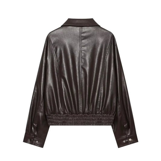 Women's corridor-shaped dark brown faux leather jacket with elastic waistband, back seam, long sleeves and snap cuffs