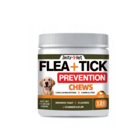 Health supplement flea+tick prevention chews AdTec, white jar with gray cap and label featuring a dog.