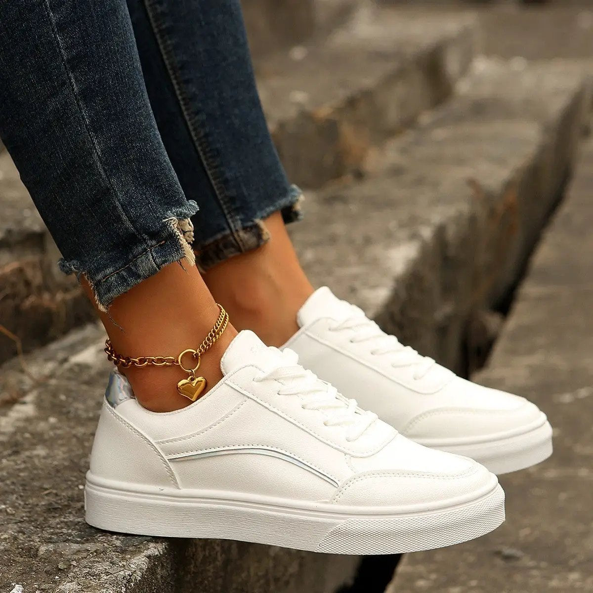 AdTec white lace-up flat sneakers with thick sole for women, round toe