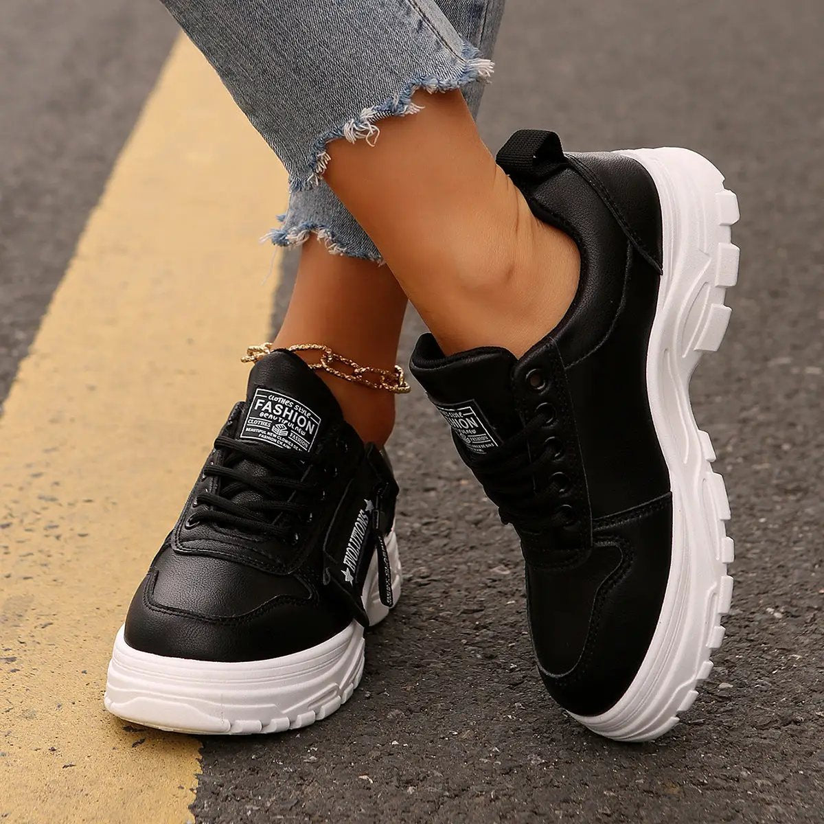 Lace-up women's sneakers with thick white sole and side-zip design, AdTec.