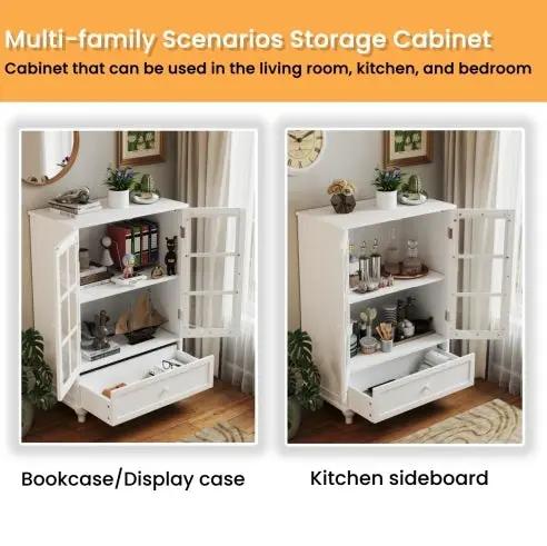 Minimalist white buffet cabinet with double glass doors and a drawer.