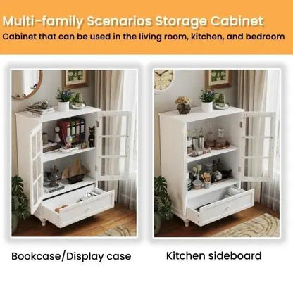 Minimalist white buffet cabinet with double glass doors and a drawer.