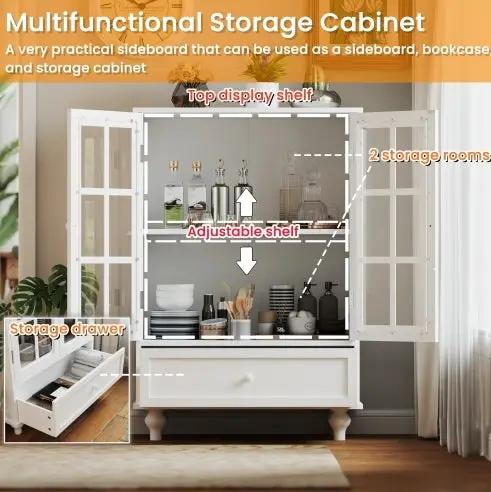 AdTec minimalist white buffet cabinet with double glass doors and a storage drawer