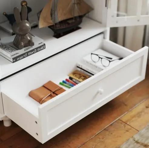 Minimalist white buffet cabinet with double glass doors and drawer, white wood finish
