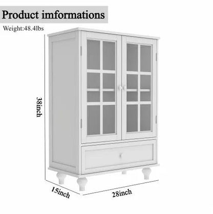 Minimalist white buffet cabinet with double glass doors and drawer by AdTec, 38inH x 28inW x 15inD.