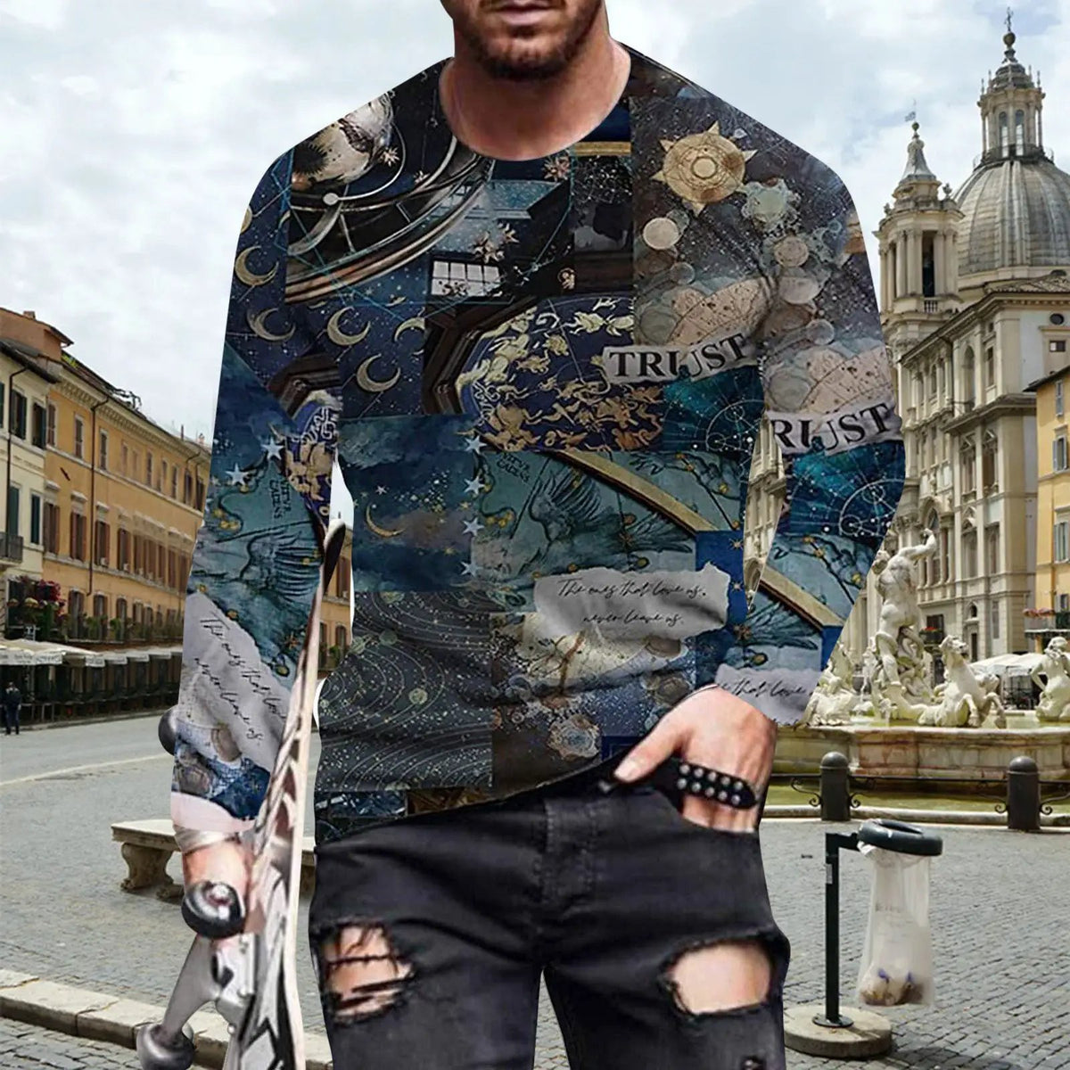 Men's long-sleeve printed top by AdTec with collage artwork of maps, stars, and celestial motifs.