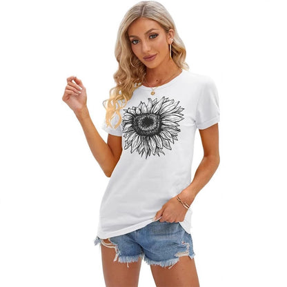 Camiseta de manga corta para mujer con estampado de girasol, top holgado de verano