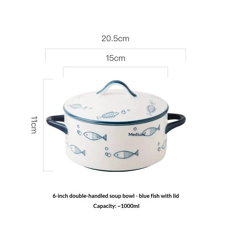Double-handled ceramic soup bowl with lid by AdTec, white with blue fish pattern