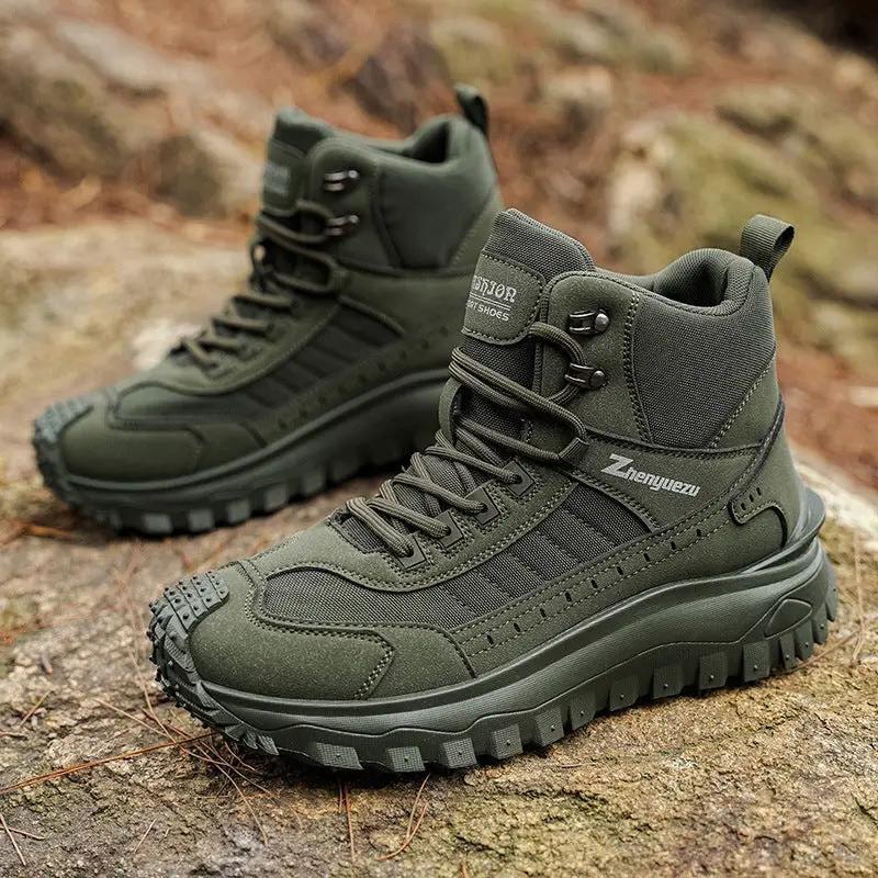 AdTec men's outdoor boots in olive green with thick rugged soles; pair.