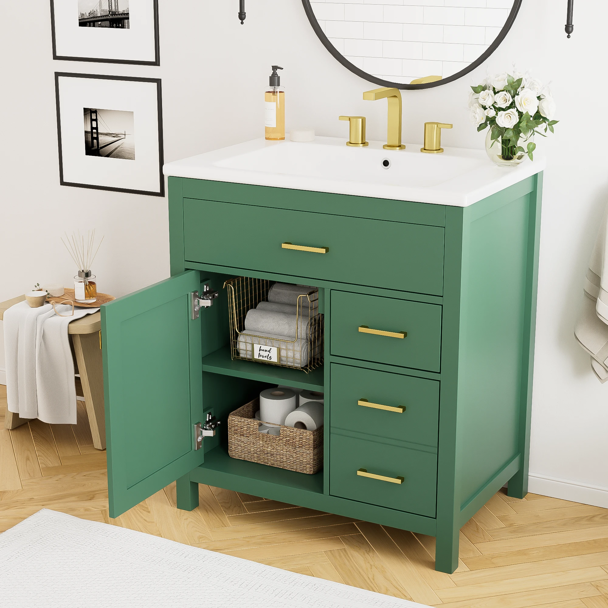 30-Inch Green Bathroom Vanity with Ceramic Sink and Ample Storage - Ideal Choice for Small Bathrooms by eprolo