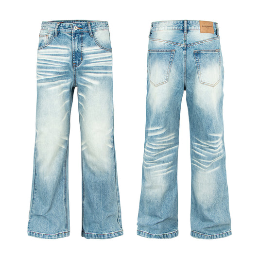 Washed Distressed Light Blue Cat Eye Bamboo Texture Flared Jeans