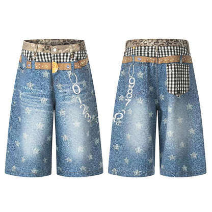 Pantalon court en jean délavé, imprimé numérique 3D étoile