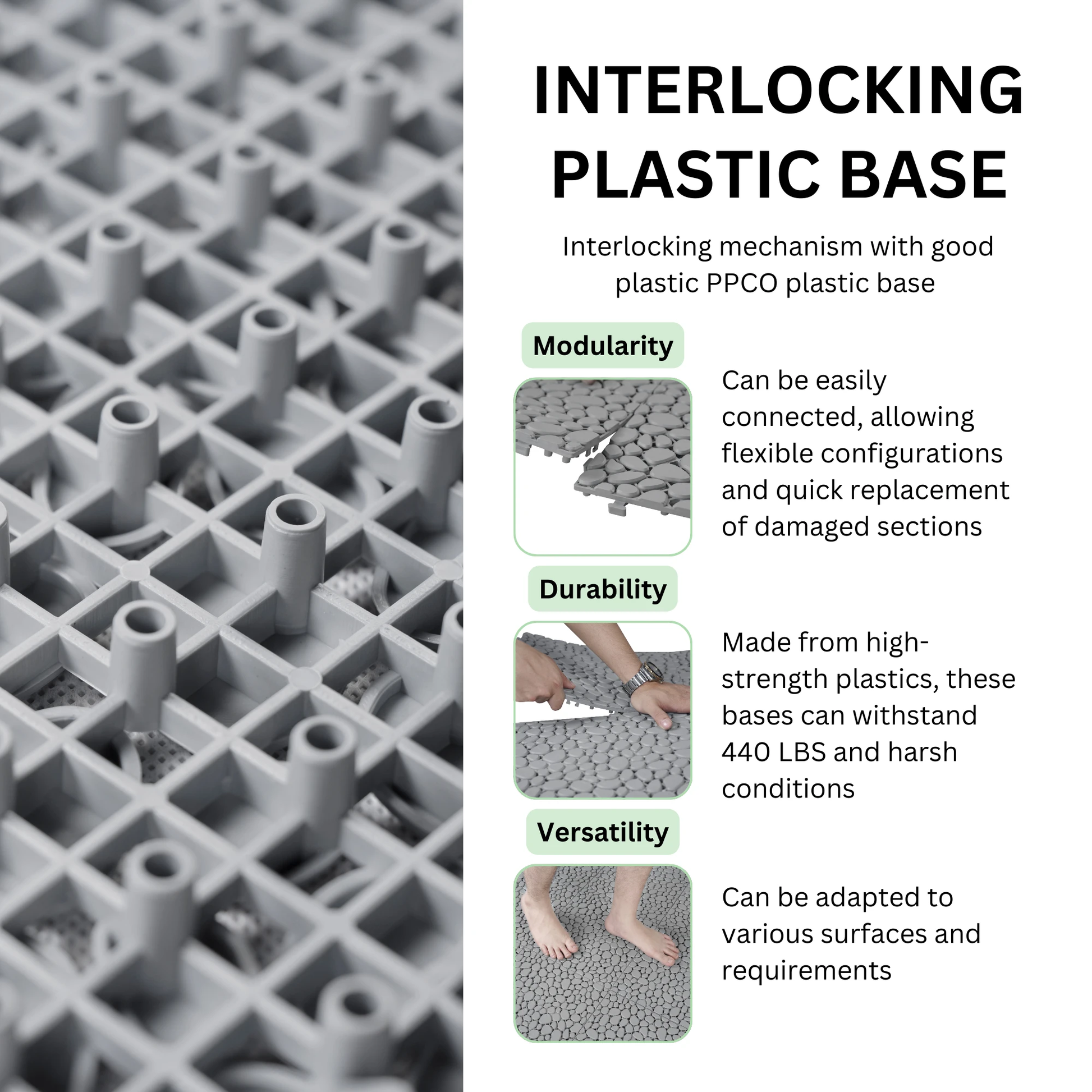 12 x 12 inch gray interlocking deck tiles, plastic waterproof pebble pattern, pack of 12 pieces by eprolo