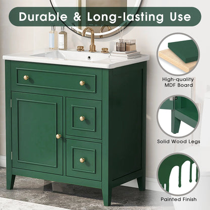 30" Bathroom Vanity with Sink Top, Bathroom Vanity Cabinet with Door and Two Drawers, Solid Wood Frame, One Package, Green by eprolo