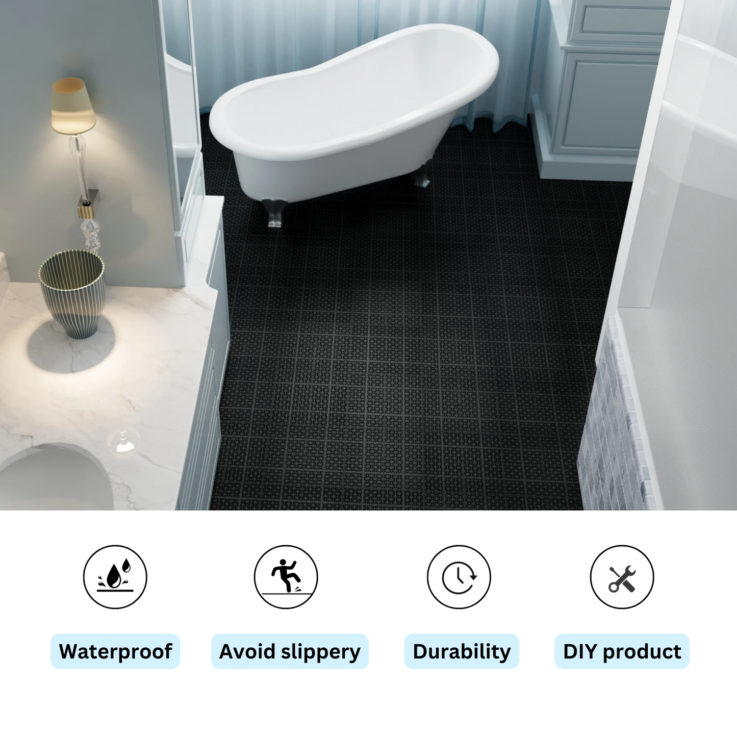 12 x 12 inch black interlocking deck tiles, plastic waterproof, weighing up to 6613 pounds, with a rose pattern pack of 12 by eprolo