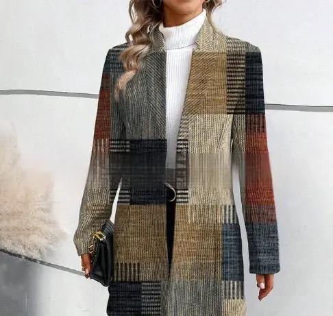 Printed stand collar mid-length trench coat in multicolor patchwork plaid with belt.