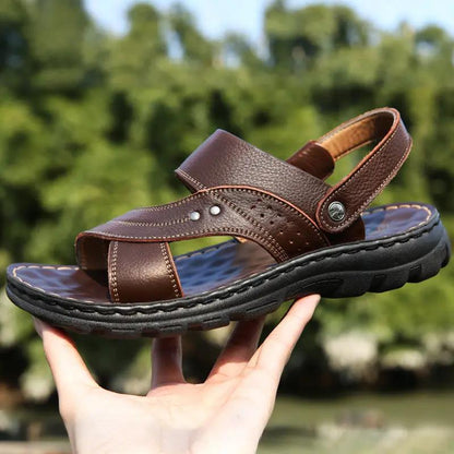 AdTec men's brown leather sandals with adjustable back strap, slide-style beach slippers