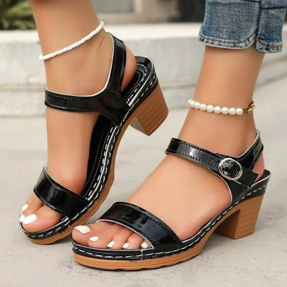 Open toe buckle sandals by AdTec, black patent leather with ankle strap and chunky wooden heel