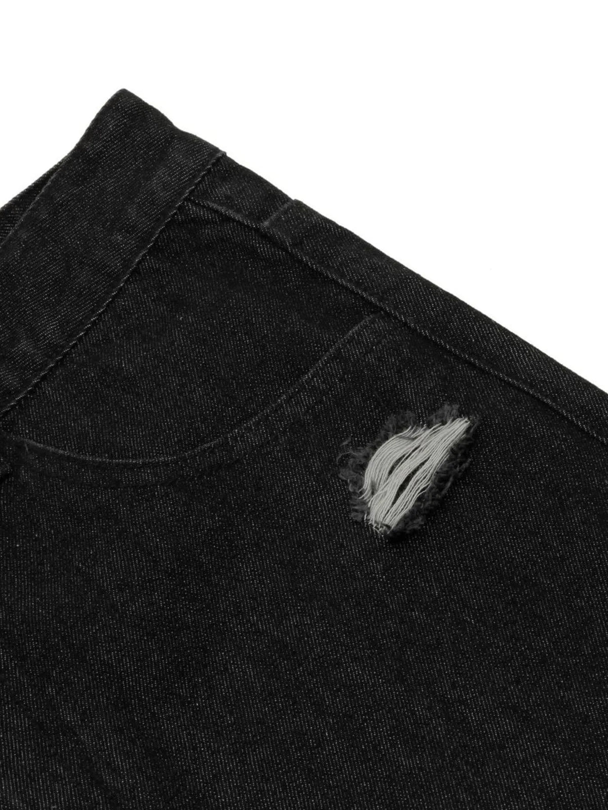 Mens distressed cotton denim Bermuda shorts in black denim with ripped pocket detail