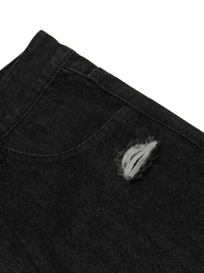 Mens distressed cotton denim Bermuda shorts in black denim with ripped pocket detail