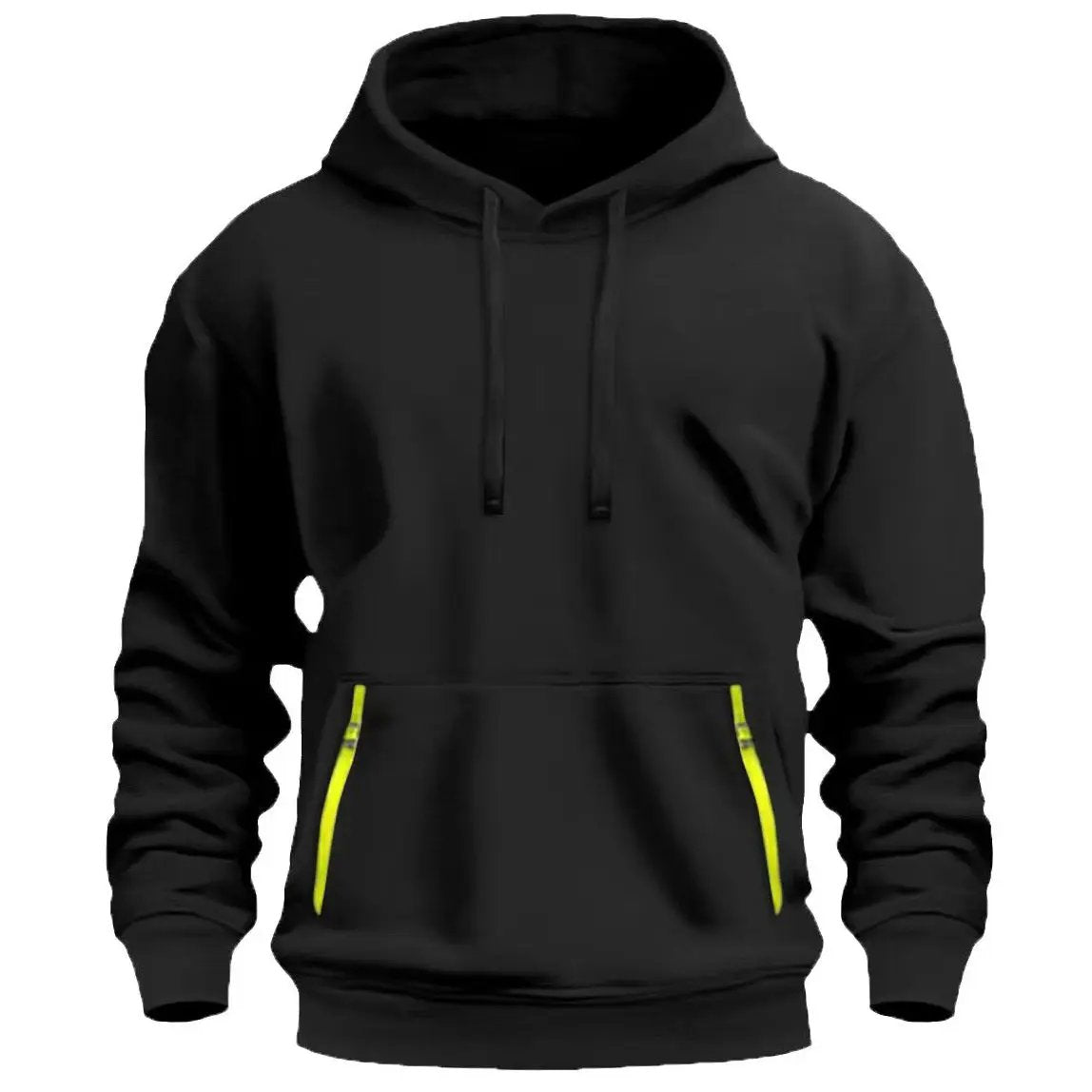 New Fallwinter Mens Fleece-lined Hoodie in black with neon yellow zippered pockets.