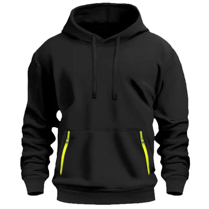 New Fallwinter Mens Fleece-lined Hoodie in black with neon yellow zippered pockets.