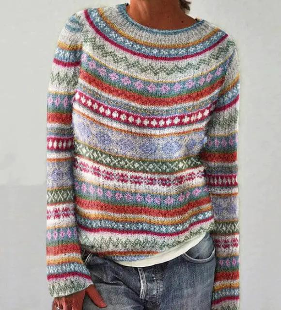 Round-neck multicolor knit pullover sweater by AdTec, loose fit with striped pattern