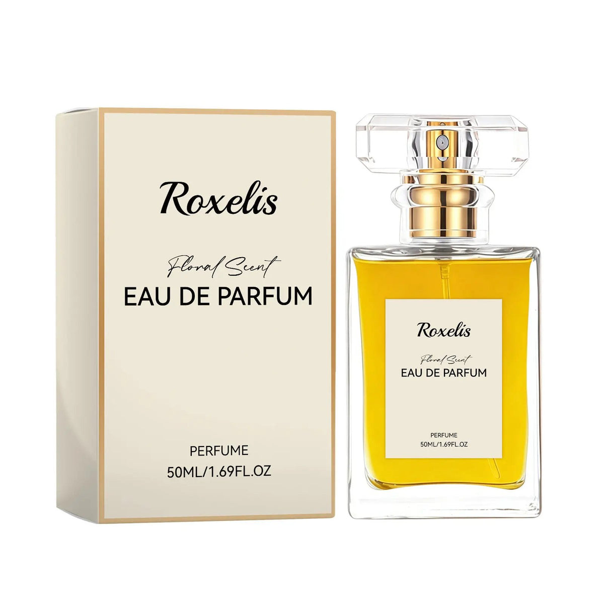 Roxelis perfume bottle and beige box; floral scent, clear glass with gold accents