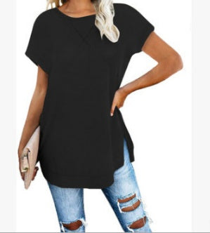 Blusa de mujer de color liso con cuello redondo y hombros caídos