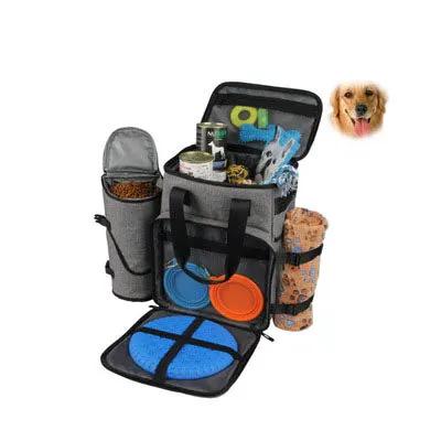 Dog travel bag for pet food by AdTec; gray multi-compartment carrier with two blue bowls and food containers.