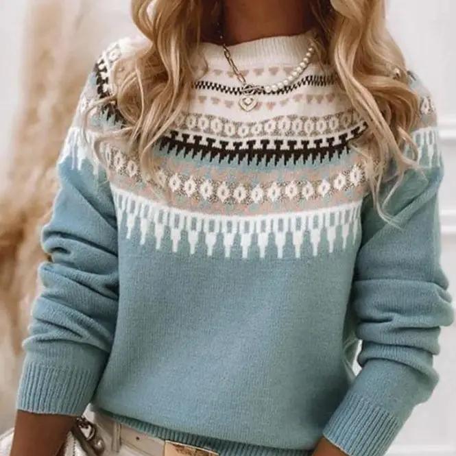 Round Neck Multicolor Loose Fashion Pullover Sweater in light blue by AdTec.