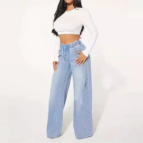 25 Edition – High Waist Drawstring Wide Leg Jeans – Light Blue by JeansDenim.Store